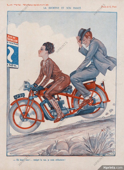 La Sportive et son Fiancé, 1930 - Georges Pavis Female Biker, Motorcycle Rider