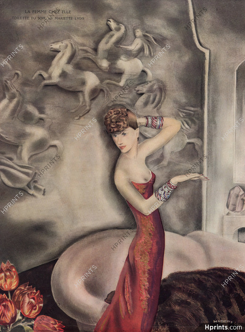 La Femme Chez Elle, 1934 - Mariette Lydis Evening Gown, Jewels Bracelets, Interior Decoration