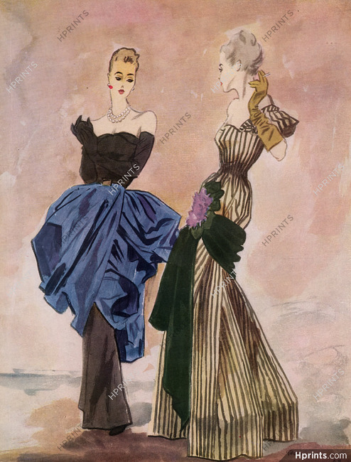 Pierre Mourgue 1948 Fashion Illustration, Evening Dress