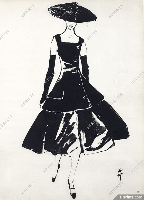 Christian Dior 1955 René Gruau Black Dress Haute Couture