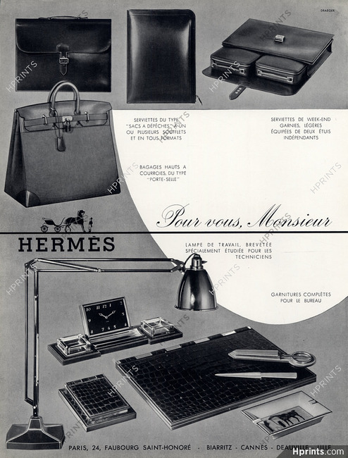 Hermès 1956 "Pour vous, Monsieur" Serviettes, Bagages, Lampe, Garnitures pour le bureau