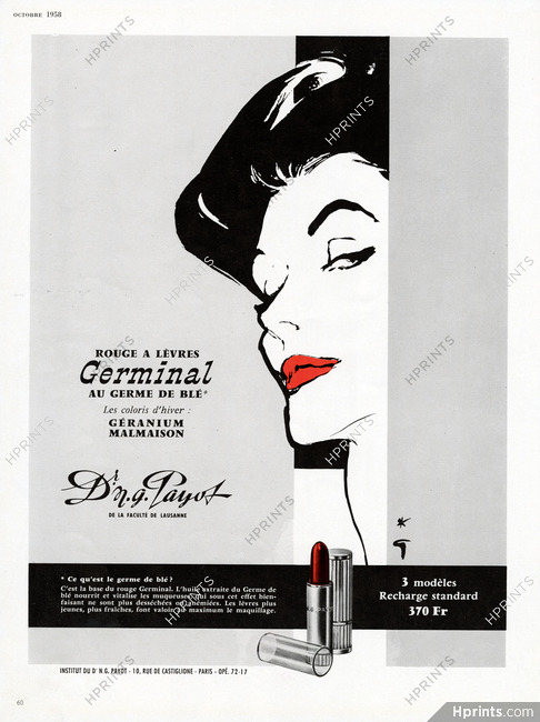 Payot, Dr N.G. (Cosmetics) 1958 Germinal Lipstick, René Gruau