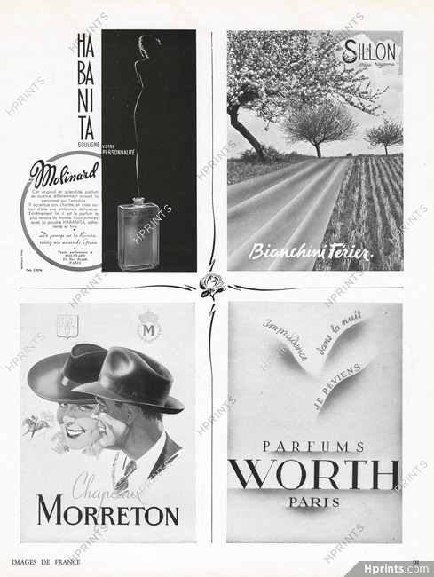 Molinard, Bianchini Férier (Sillon), Morreton, Worth (Perfumes) 1942