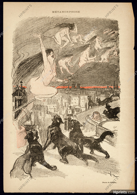 Steinlen 1893 Métamorphose, Flying Witches, Black Cats