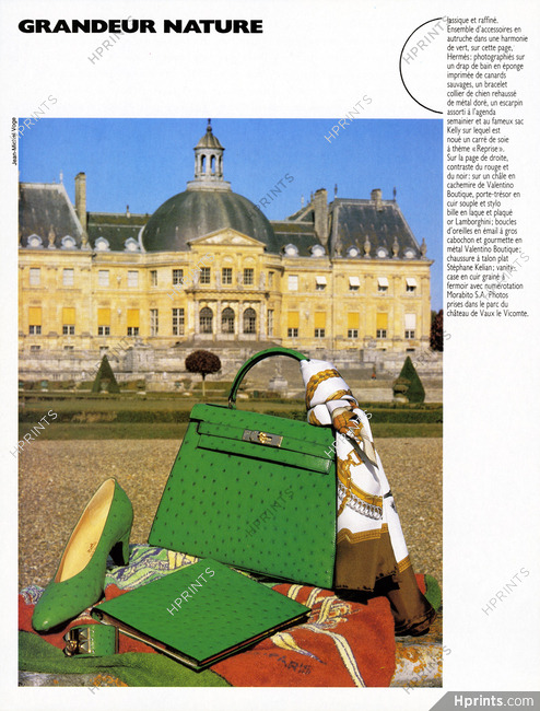 Hermès (Handbags) 1985 Kelly Handbag, Scarf "Reprise", Towel, Green Ostrich Leather