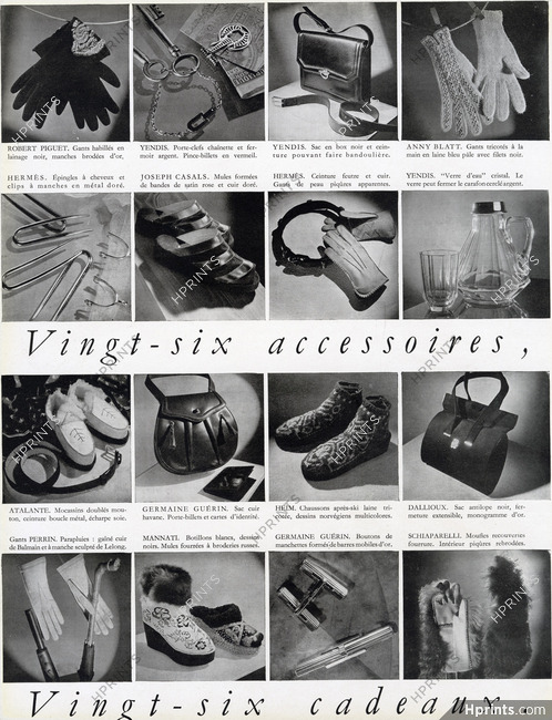 Vingt-six accessoires, Vingt-six cadeaux, 1945 - Hermès (épingles, ceinture), Yendis, Anny Blatt, Germaine Guérin, Atalante, Dallioux, Schiaparelli