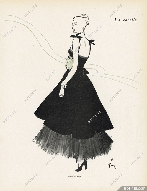 Christian Dior 1947 La Corolle, Black Evening Gown, René Gruau