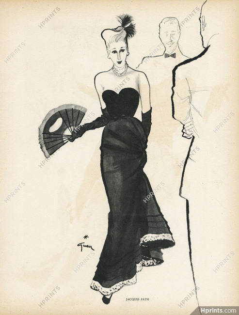Jacques Fath 1945 Evening Gown Fan, René Gruau