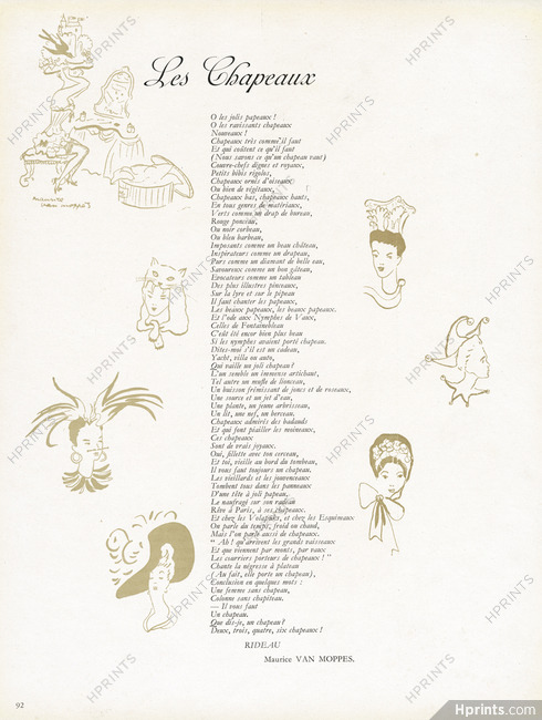 Les Chapeaux, 1945 - Maurice Van Moppès Women's hats, Poem and drawings