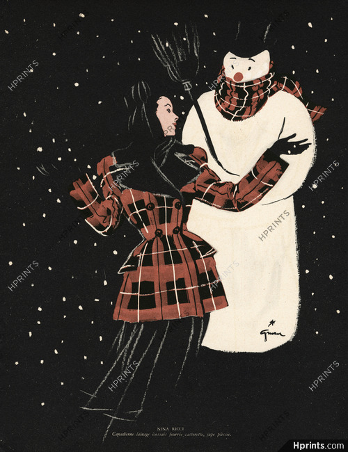 Nina Ricci 1945 René Gruau, Snowman, Canadienne Lainage Ecossais