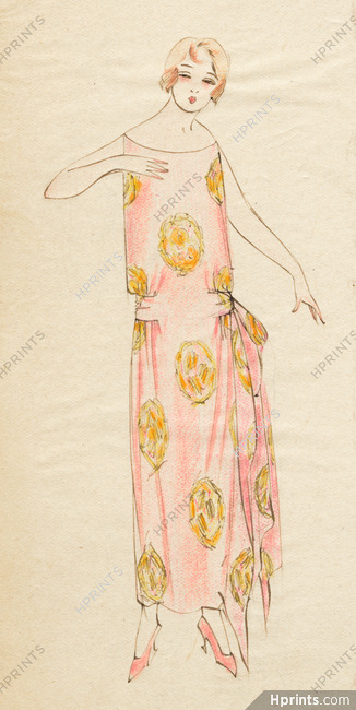 Original Fashion Drawing circa 1925 Ink and colored pencil