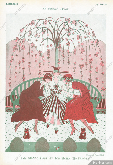 La Silencieuse et les deux Bavardes, 1916 - A. Aubry Elegant Parisiennes, Park, Dog