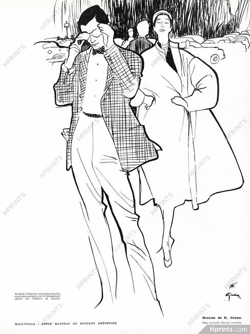 Balenciaga 1951 Ample manteau de mouflon, René Gruau