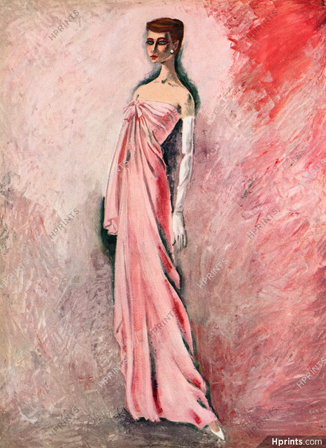 Christian Dior 1956 Evening Dress, Lajoinie Pink Silk, Dagand à la manière de Van Dongen, Fashion Illustration