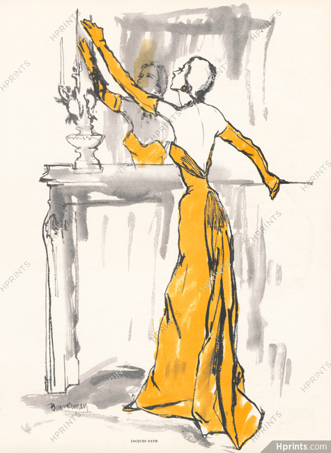 Jacques Fath 1952 Sylvia Braverman, backless yellow, Evening Gown, gloves