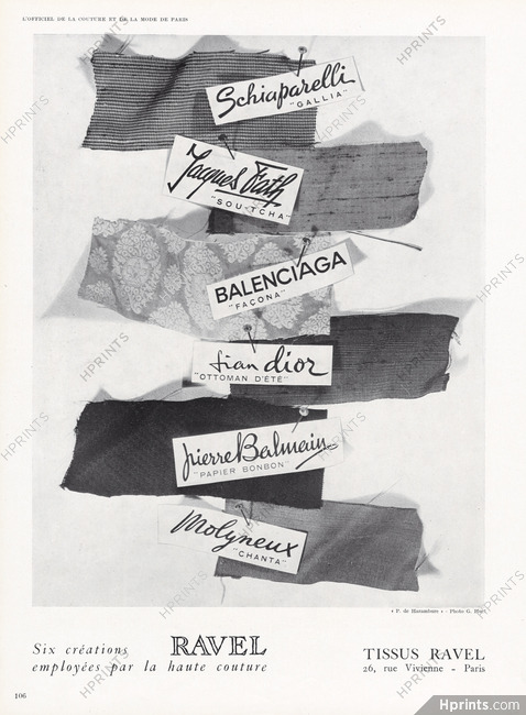 Tissus Ravel 1950 Labels from Schiaparelli, Jacques Fath, Balenciaga, Christian Dior, Pierre Balmain, Molyneux