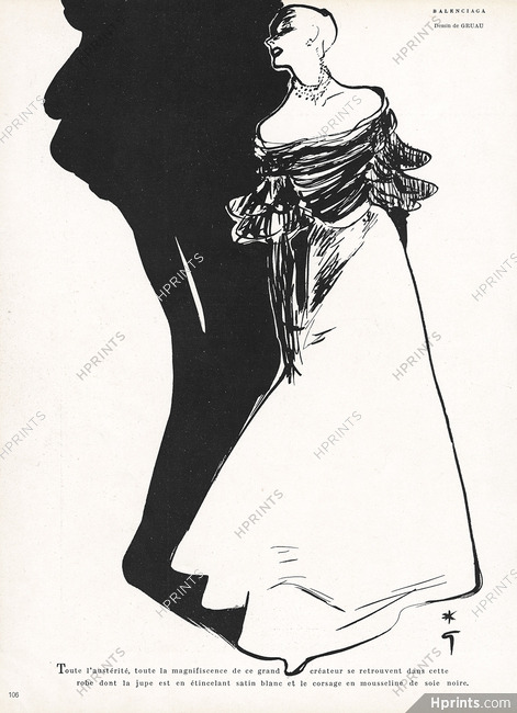 Balenciaga 1950 René Gruau, Jupe de satin blanc, Corsage en mousseline de soie noire