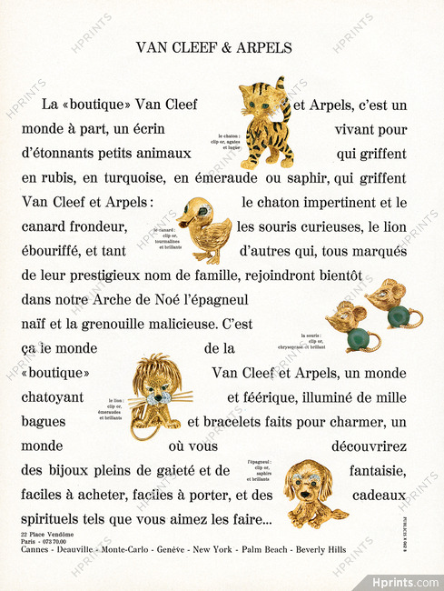 Van Cleef & Arpels (Jewels) 1968 Animals Clips, le chaton, le canard, la souris, le lion, l'épagneul