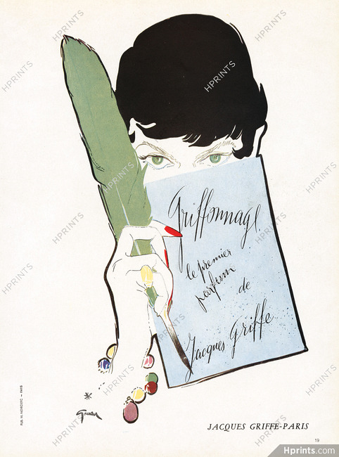 Jacques Griffe (Perfumes) 1950 Griffonnage, Gruau (Version signature left)