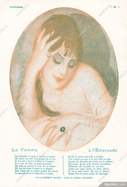 La Femme à l'Émeraude, 1916 - Gerda Wegener Emerald Ring, Maurice Magre Poem