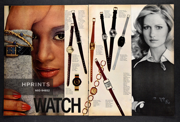 The best accessory is a Watch, 1974 - Van Cleef & Arpels, Trifari, Baume & Mercier, Gübelin, Hermès, Tiffany, Bueche Girod