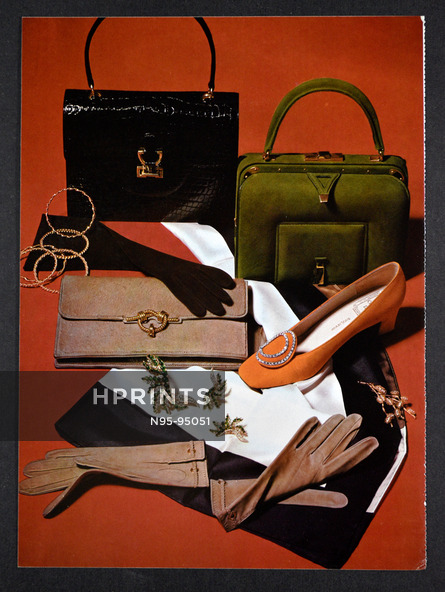 Hermès (Handbags, Jewels), Harry Winston, Fernande Desgranges, Christian Dior (Shoe), Bianchini Férier (Scarf) 1967