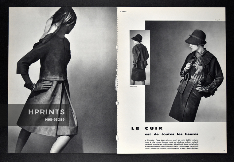 Hermès (Couture), Nina Ricci 1964 Cuir doblis, Foulard, gants et bracelet Hermès