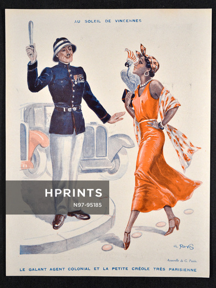 Le galant agent colonial et la petite créole très parisienne, 1931 - Georges Pavis Exposition Coloniale Internationale, Parrot