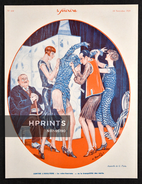Contre l'adultère ; la robe-fourreau, 1929 - Georges Pavis Fitting, Fashion Satire