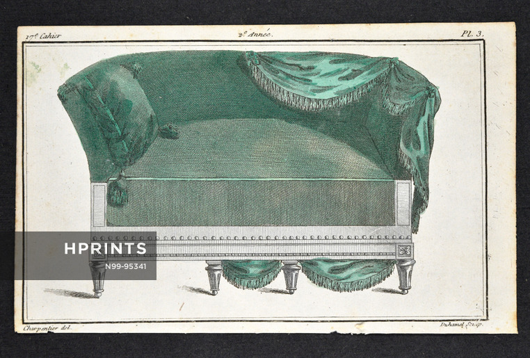 Magasin des Modes Nouvelles 1787 cahier n°17, plate n°3, Charpentier, Sopha (Sofa) en Pommier