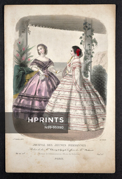Journal des Jeunes Personnes 1859 Héloïse Leloir, hand colored fashion plate
