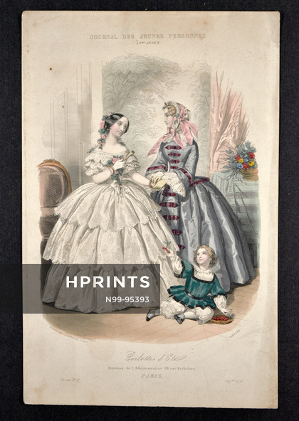 Journal des Jeunes Personnes 1855 "Toilettes d'été" hand colored fashion plate