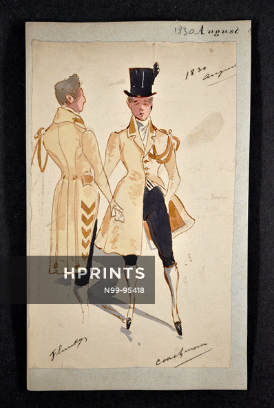 Original Fashion Drawing "1830 August" Coachman 19th Century Men's Clothing