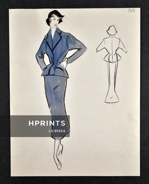 Jean Dessès - Blue Suit, Original fashion drawing n°205