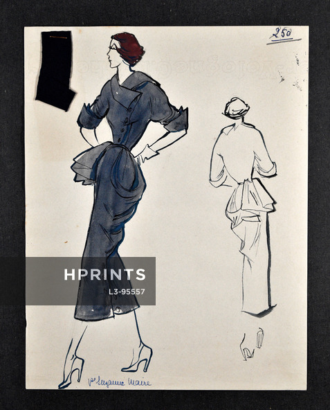 Jean Dessès - Original fashion drawing n°250 with fabric sample