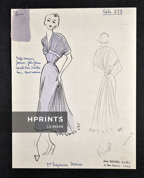 Jean Dessès - Dress, Original fashion drawing n°277 with fabric sample