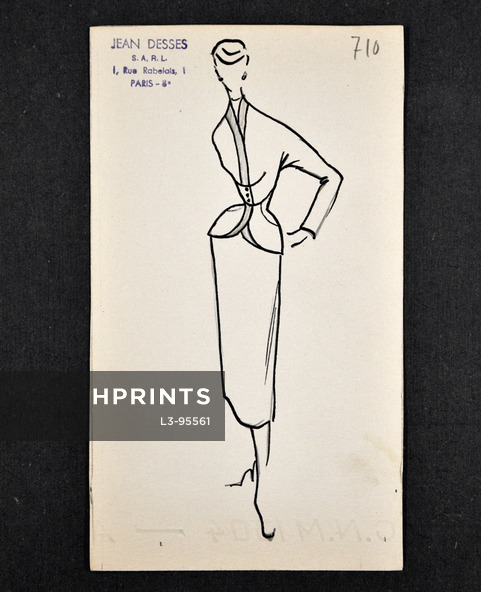 Jean Dessès - Original fashion drawing n°710 on cardboard