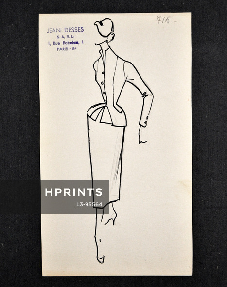 Jean Dessès - Original fashion drawing n°715 on cardboard