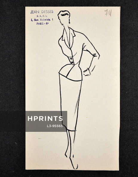 Jean Dessès - Original fashion drawing n°711 on cardboard