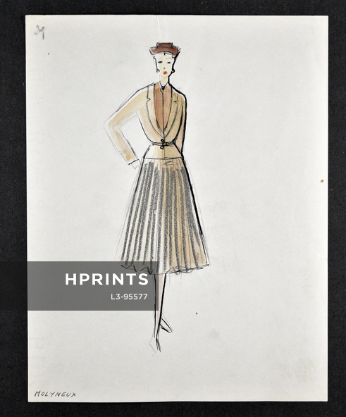 Molyneux & Cie - Original fashion drawing, Robe manteau en jersey, jupe plissée