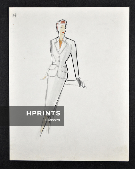 Molyneux & Cie - Original fashion drawing, Tailleur en tweed beige