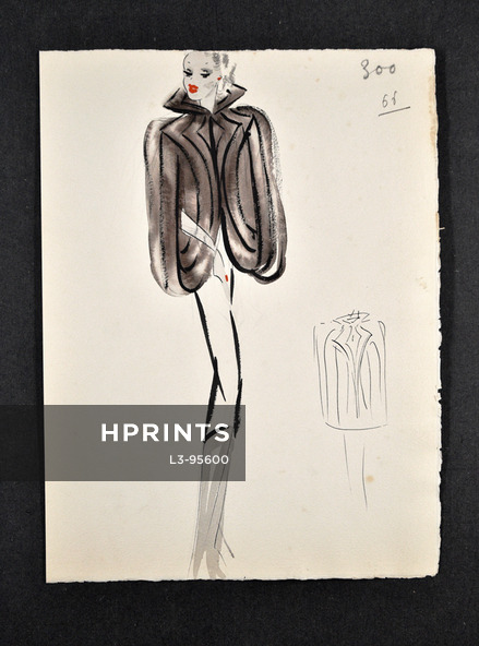 Original Fashion Drawing (F.C.) 1940-50's circa n°300 Fur Coat