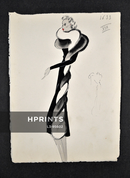 Original Fashion Drawing (F.C.) 1940-50's circa n°1633 Evening Dress