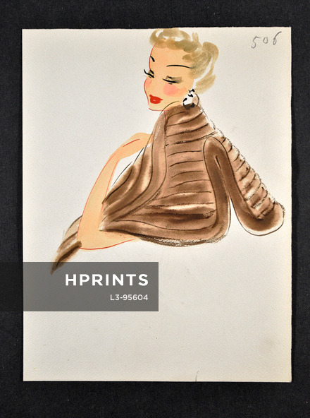 Original Fashion Drawing (F.C.) 1940-50's circa n°506 Fur