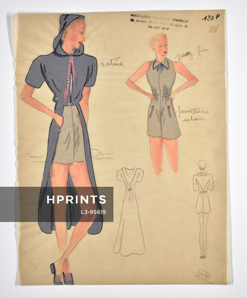 Madeleine Thiébaut 1947 Original Fashion Drawing, Beachwear