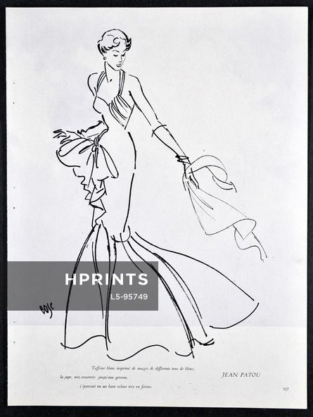 Jean Patou 1949 Taffetas imprimé de nuages de différents tons de bleus, Evening Gown, Fernando Bosc