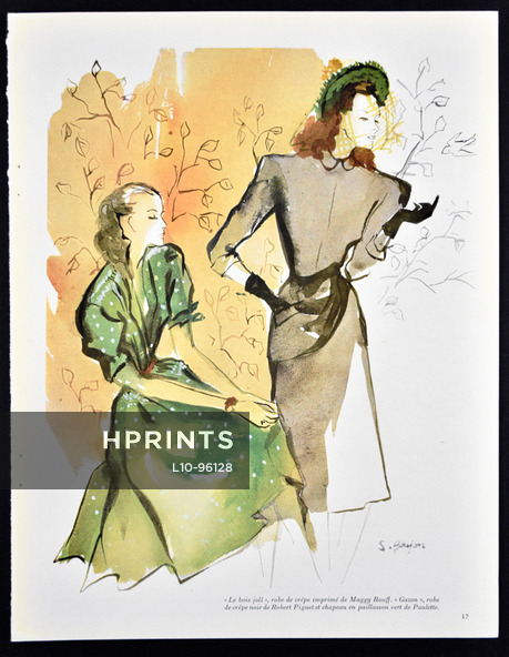 Maggy Rouff & Piguet 1947 Fashion Illustration by S. Goujon