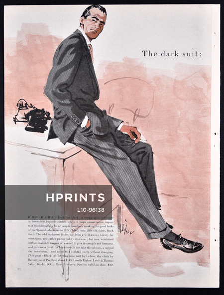 Lebow (Men's Clothing) 1953 Dark Suit in Cashmere, Fashion Illustration Wilson