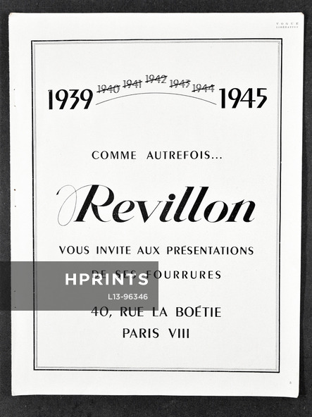 Revillon (Fur Clothing) 1945 Vogue Libération
