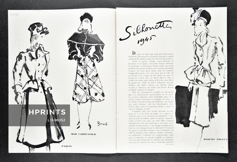 Silhouettes 1945, 1945 - Christian Bérard, Vogue Libération — Paquin, Mad Carpentier, Robert Piguet... 6 pages, 6 pages
